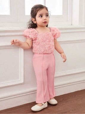 SHEIN Pink Rosette Puff Sleeve Top & Straight Pants Kids Matching Set